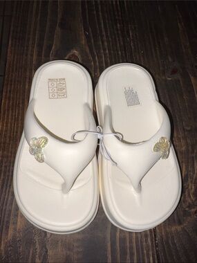 Cream Platform Flip Flop Sandals with Iridescent Butterfly Charms